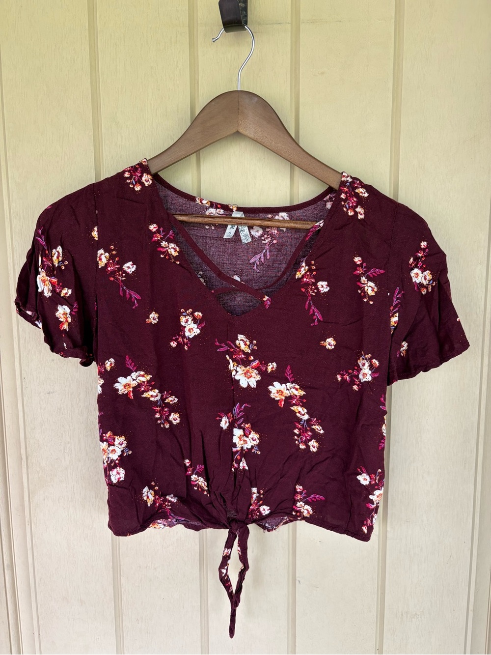 Mudd Burgundy Floral Tie-Front Crop Top